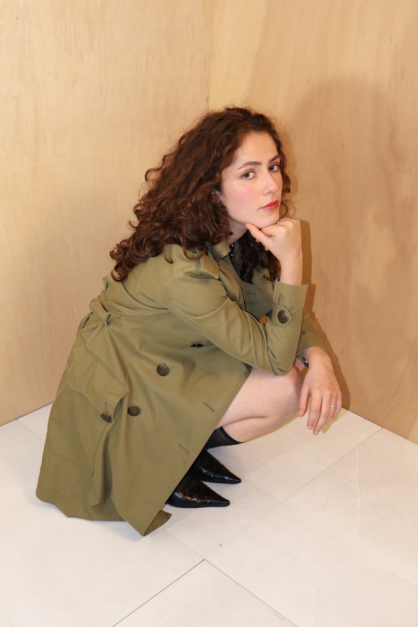90s Olive Military Double Breasted Trench Coat – Fits 8–10