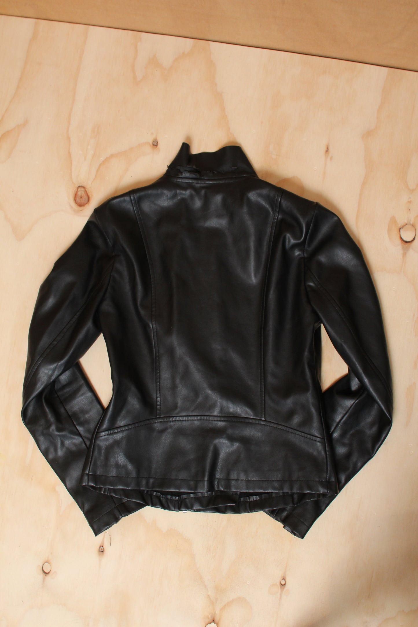 2010s Black Asymmetric Cowl Neck Faux Leather Moto Jacket – Size 8 AU