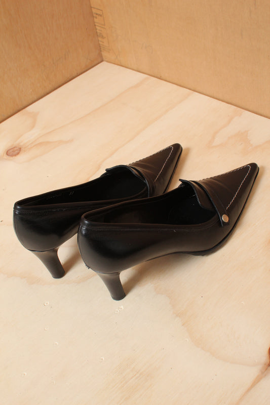90s Black Penny Loafer Points Contrast Stitch Heels – Size 37 EU