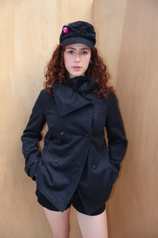 Early 2010s Charcoal Funnel Neck Double Breast Wool Jacket – Size 10