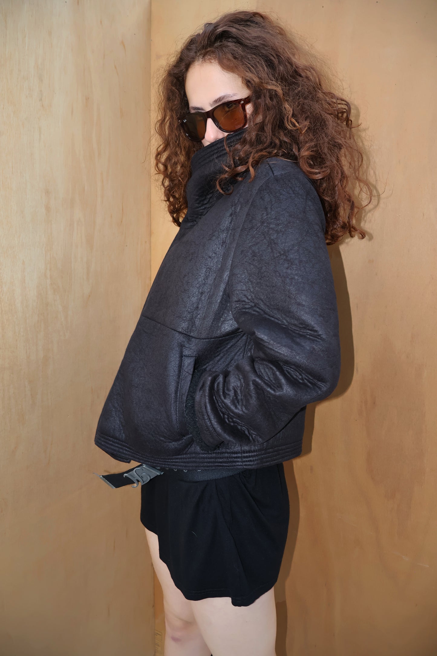 Early 2010s Black Funnel Neck Sherpa Moto Jacket – Fits 8-10