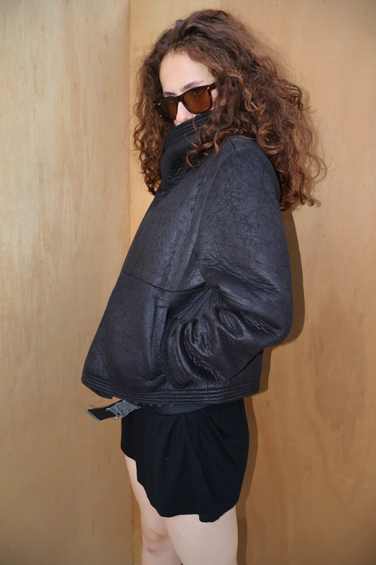 Early 2010s Black Funnel Neck Sherpa Moto Jacket – Fits 8-10