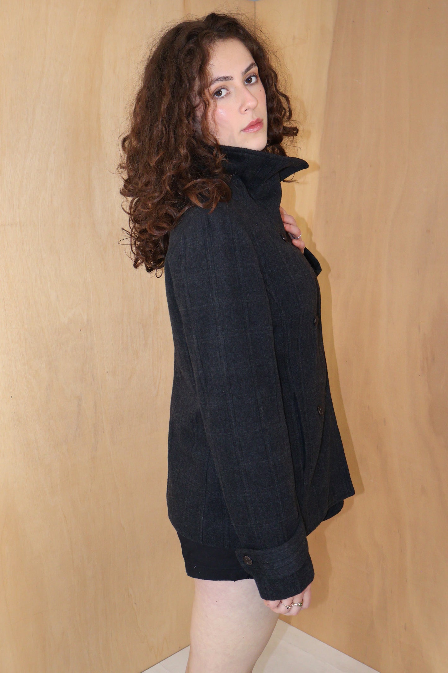 Early 2010s Charcoal Funnel Neck Double Breast Wool Jacket – Size 10