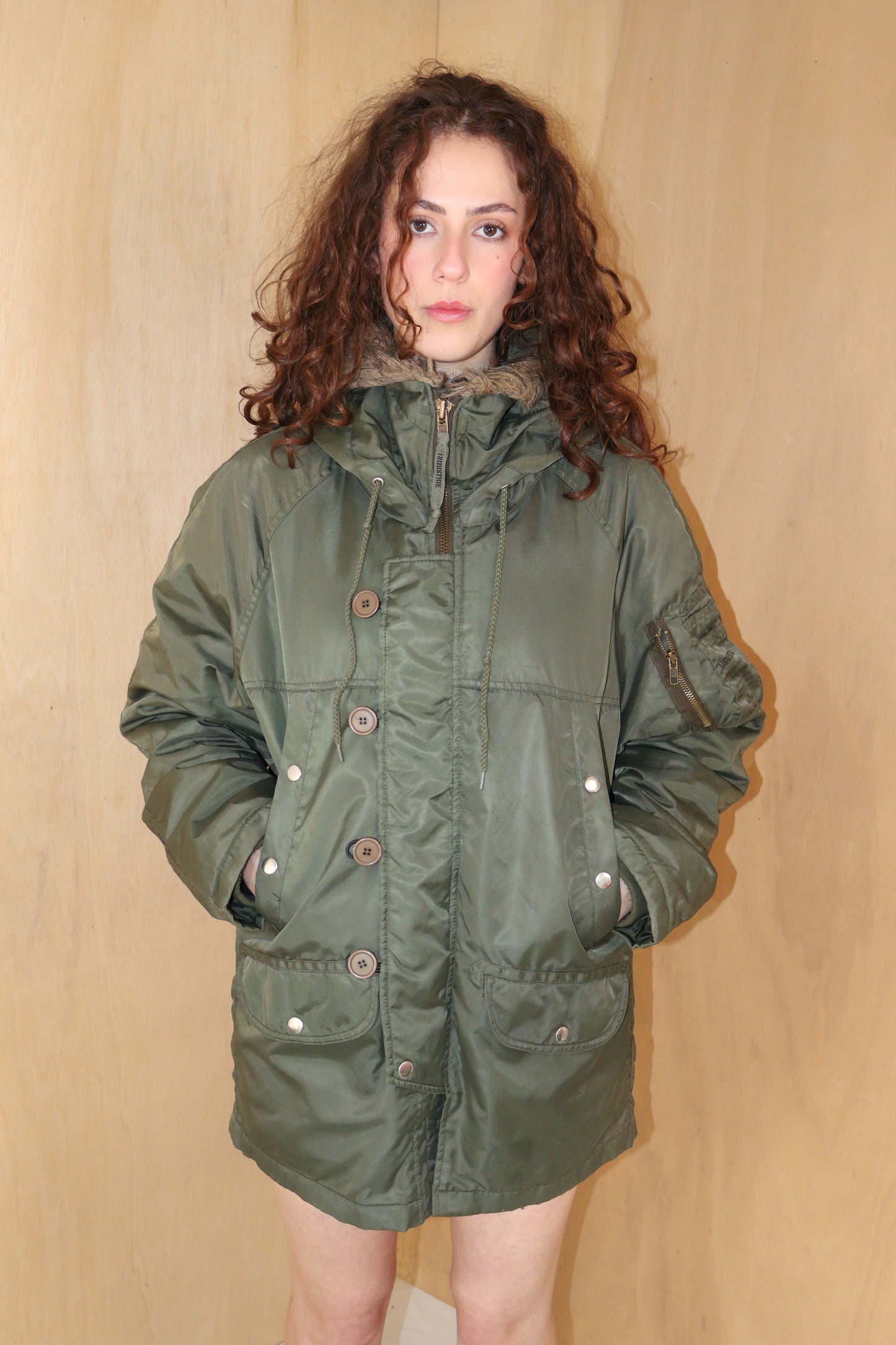 Vintage Utility Olive Sherpa Hooded Oversized Parka – INDUSTRIE – Size S