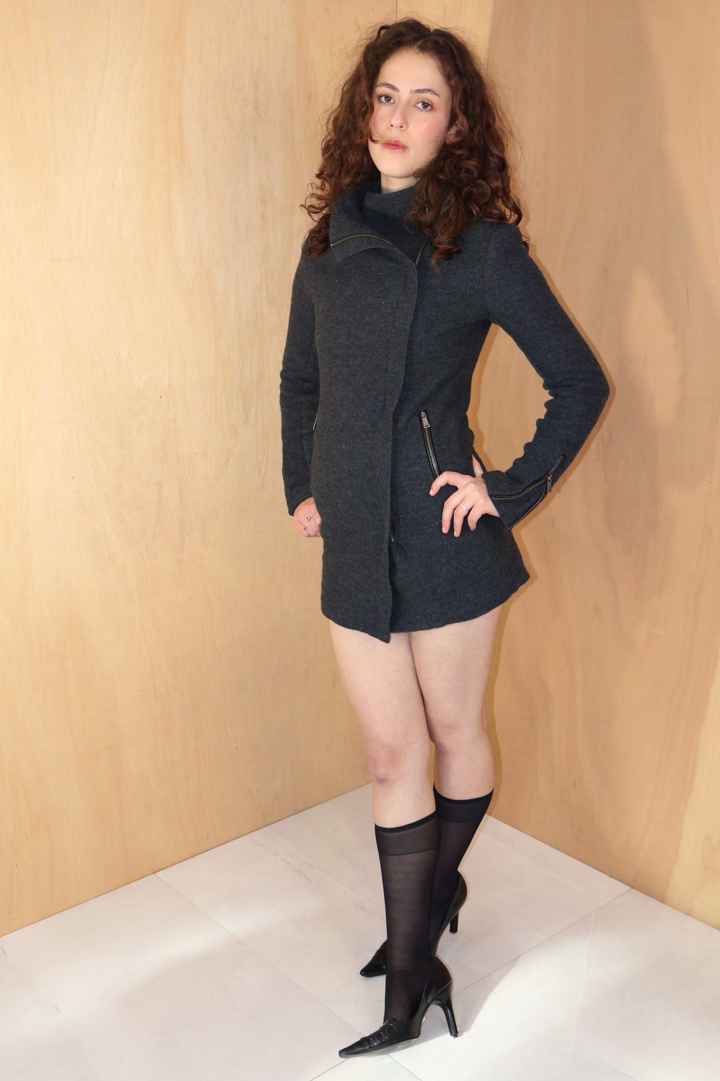 Early 2010s Charcoal Asymmetric Funnel Neck Wool Jacket – MARCS – Size 6