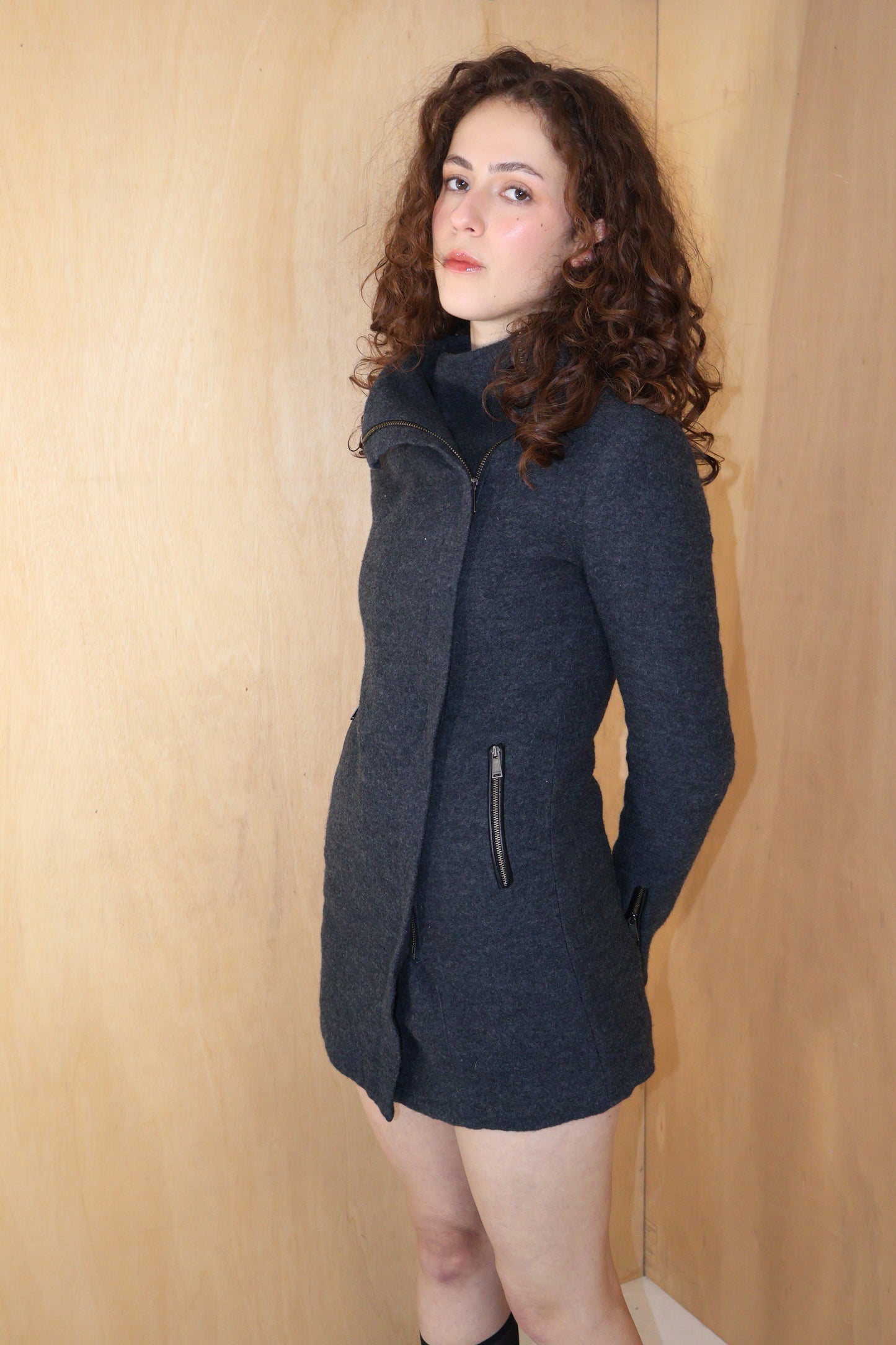 Early 2010s Charcoal Asymmetric Funnel Neck Wool Jacket – MARCS – Size 6