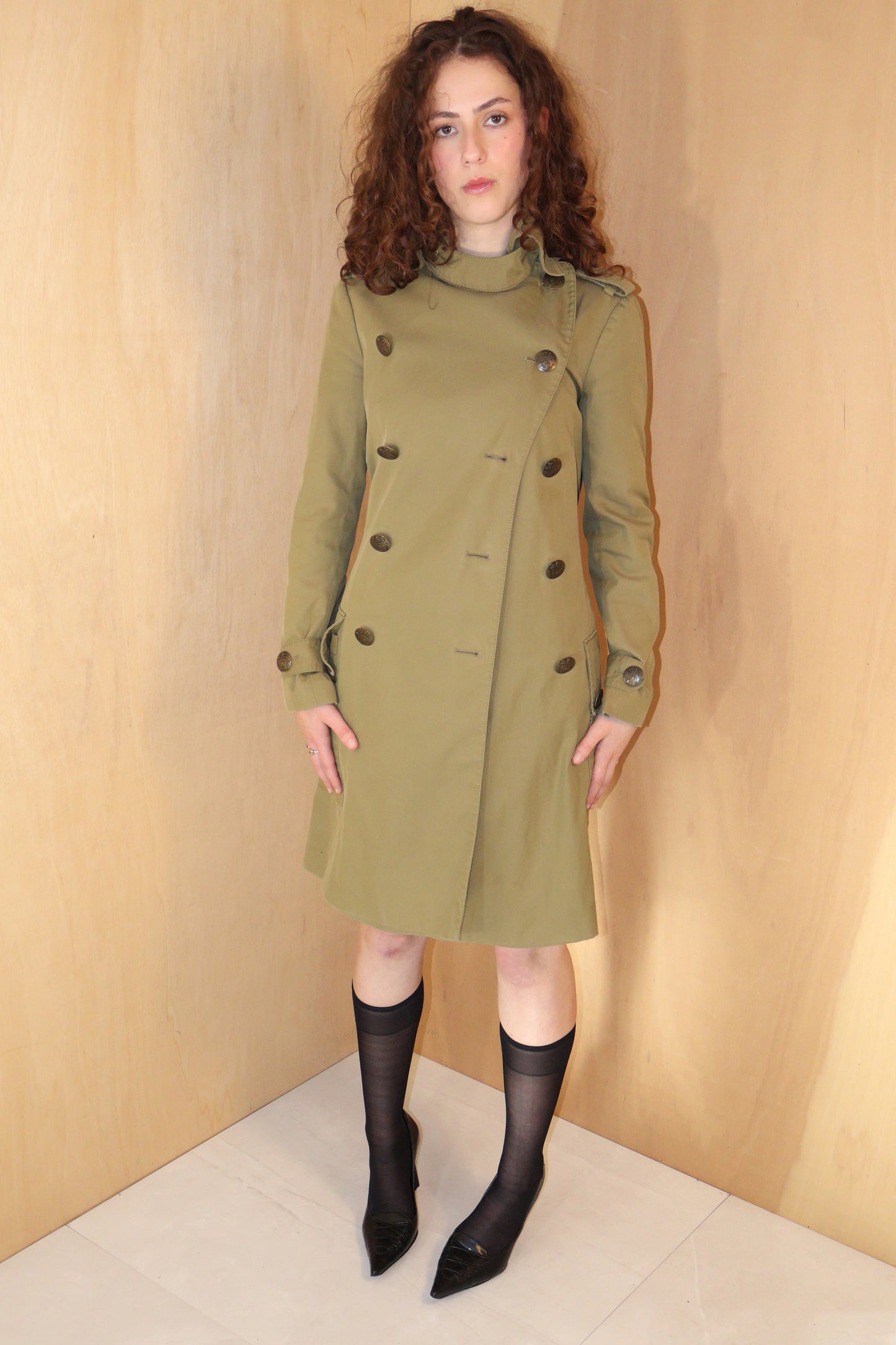 90s Olive Military Double Breasted Trench Coat – Fits 8–10