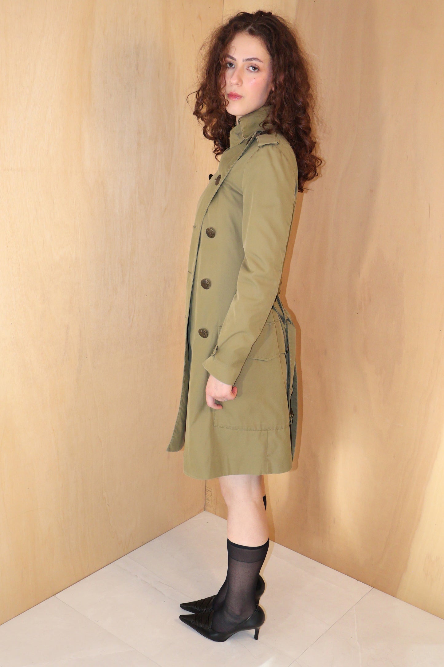90s Olive Military Double Breasted Trench Coat – Fits 8–10