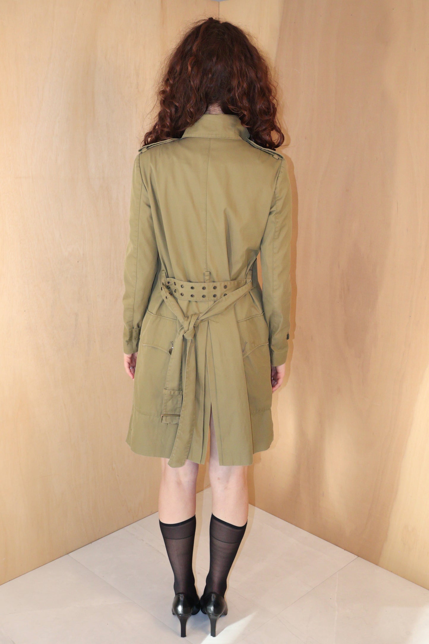 90s Olive Military Double Breasted Trench Coat – Fits 8–10
