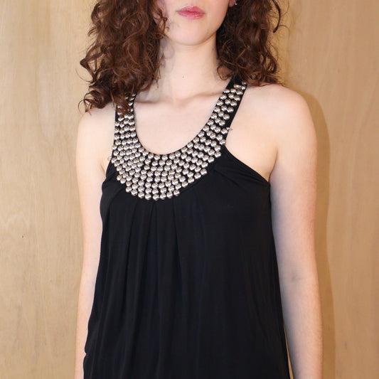 Y2K Black Beaded Halter Bubble Hem Dress – Size S