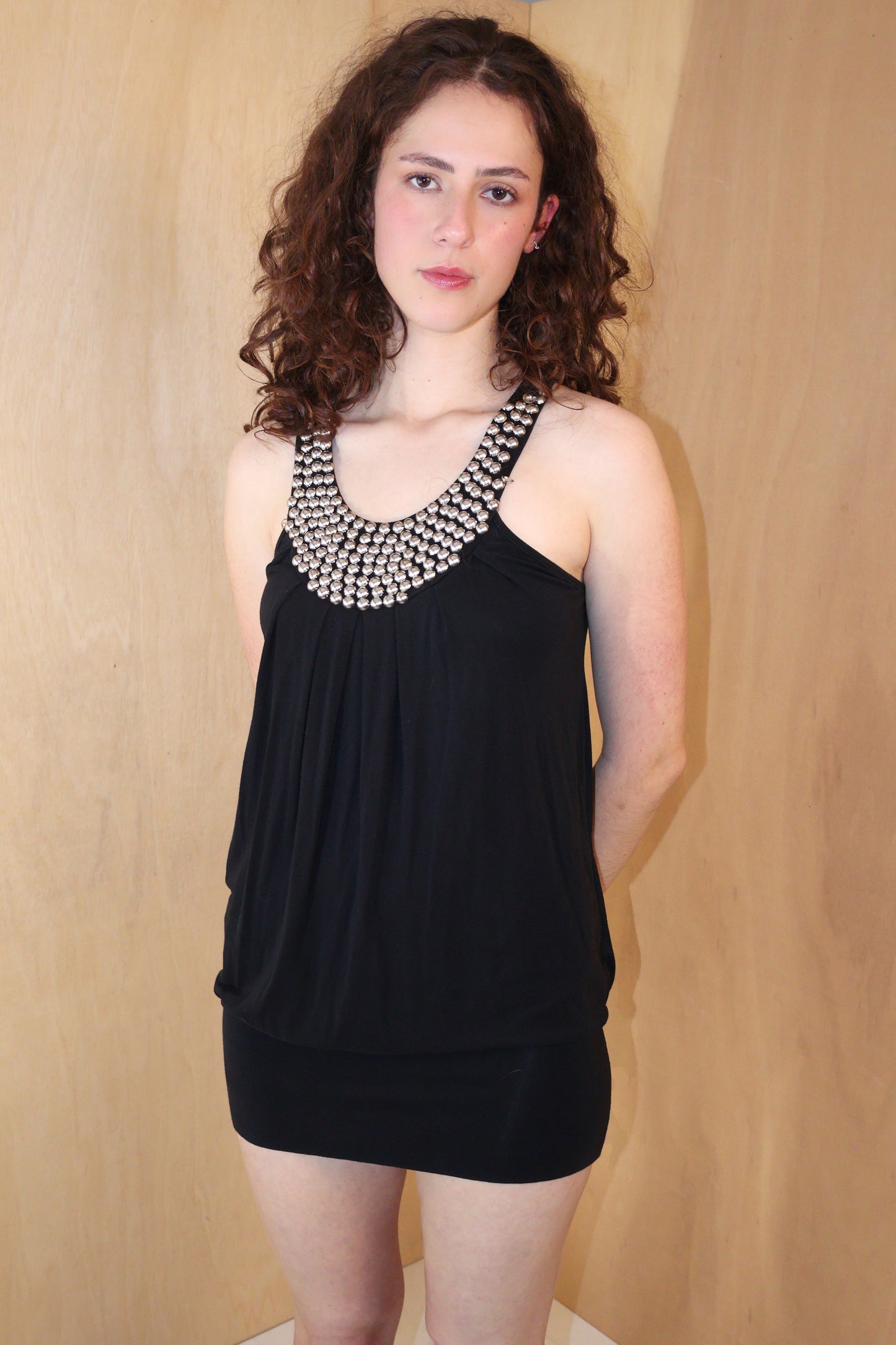 Y2K Black Beaded Halter Bubble Hem Dress – Size S