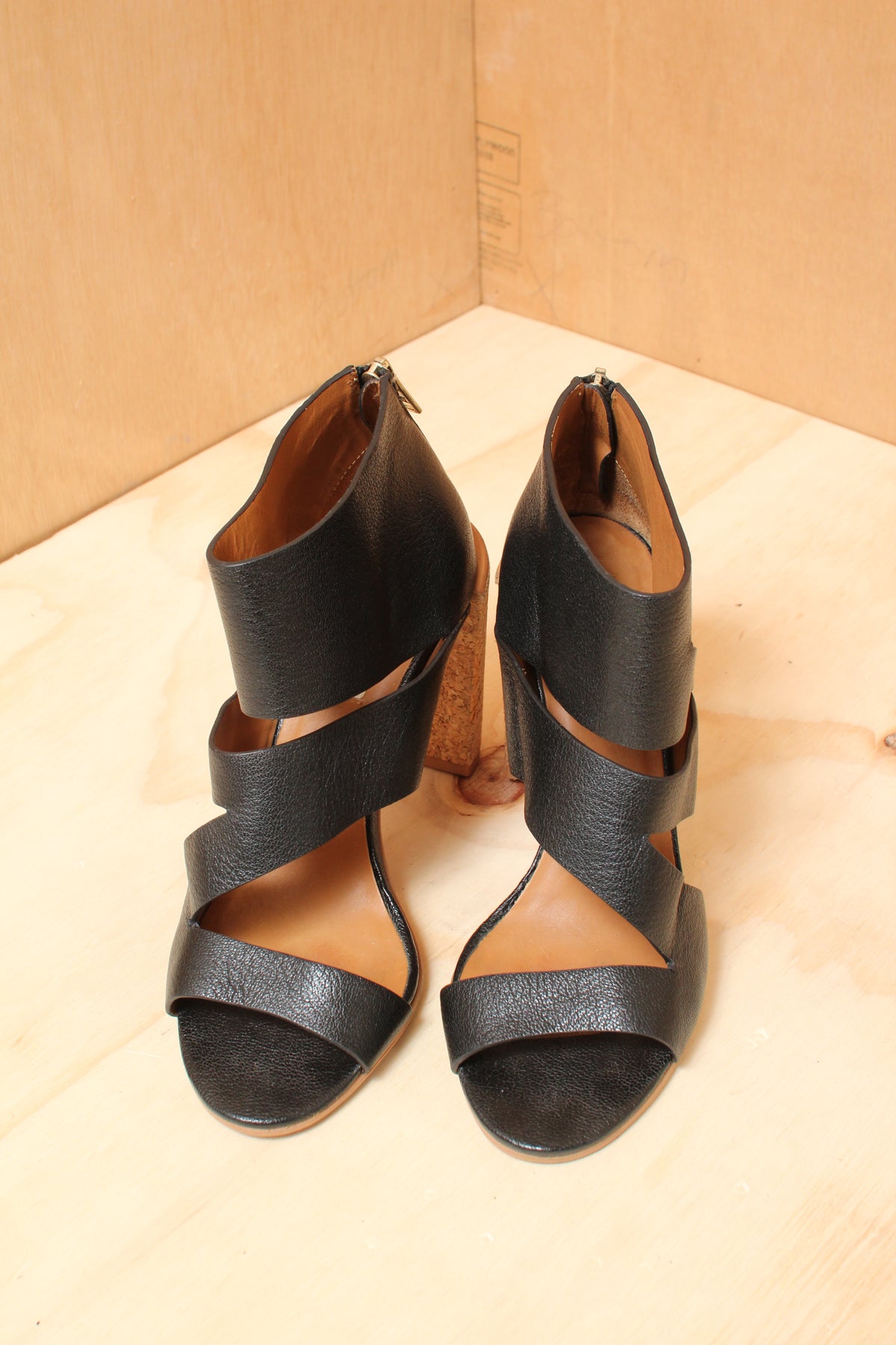 See by Chloé Dania Cork Sandal Early 2010s Black Leather Cutout Block Heels – Size 38 EU