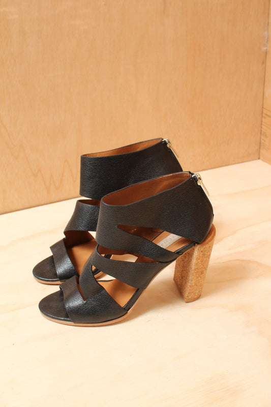 See by Chloé Dania Cork Sandal Early 2010s Black Leather Cutout Block Heels – Size 38 EU