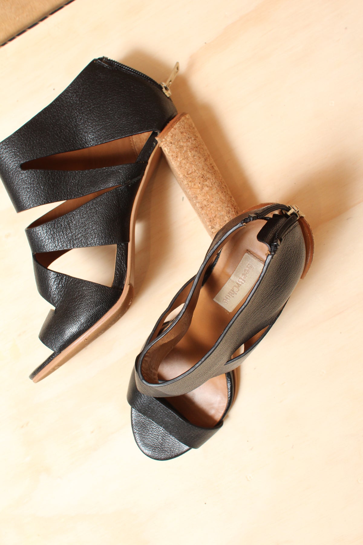 See by Chloé Dania Cork Sandal Early 2010s Black Leather Cutout Block Heels – Size 38 EU
