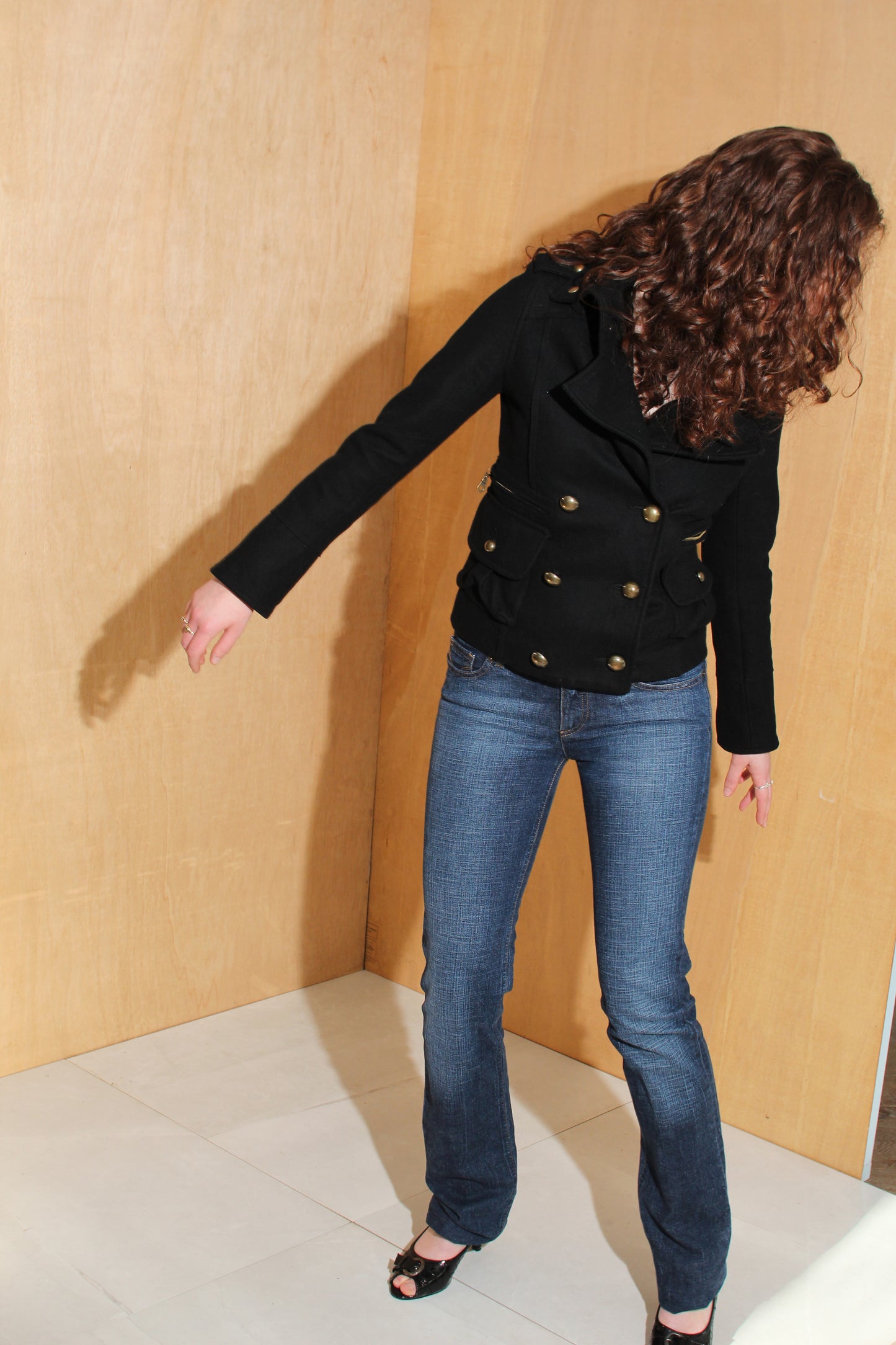 Y2K Black Double Breasted Military Jacket Gold Buttons – Size 8