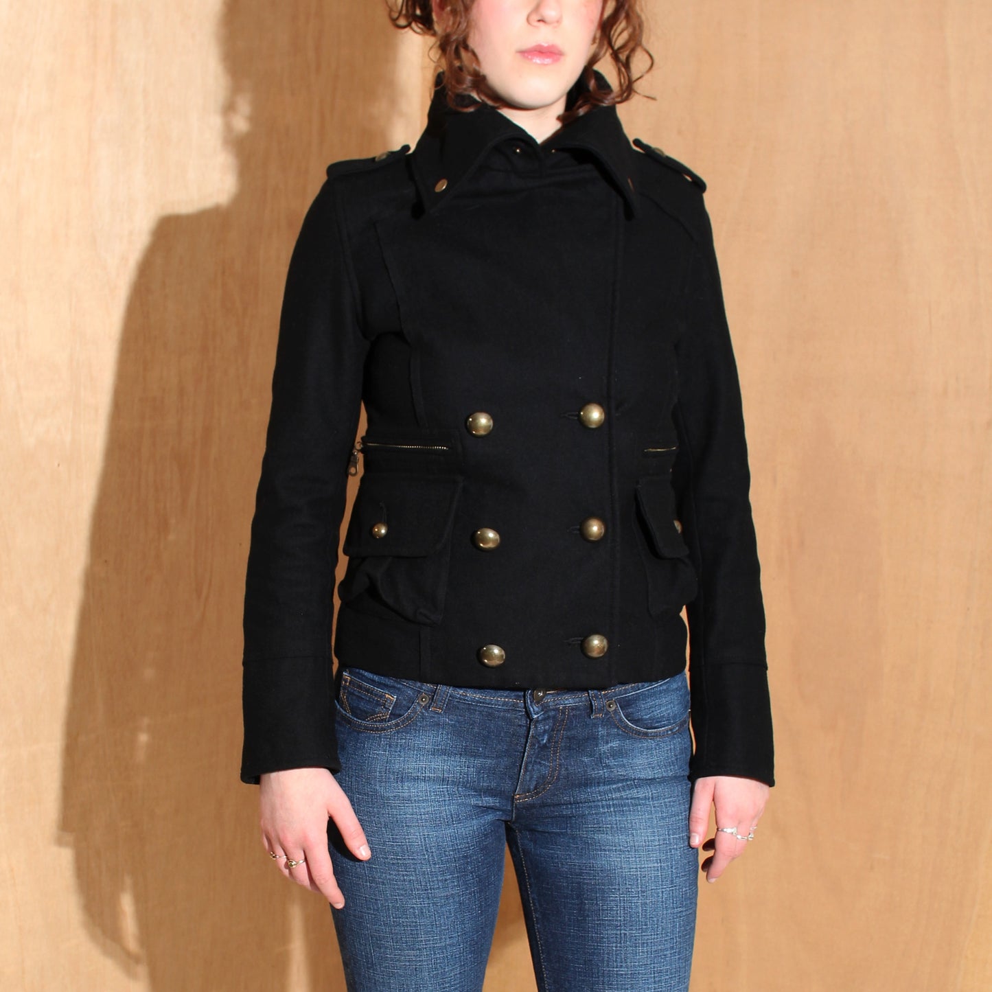 Y2K Black Double Breasted Military Jacket Gold Buttons – Size 8