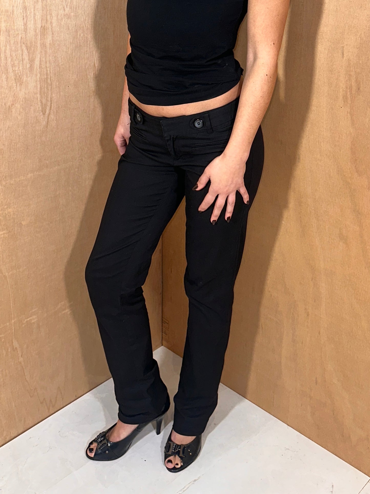 Y2K Black Low Rise Slim Leg Tailored Cargo Button Front Trousers – Size 10 AU