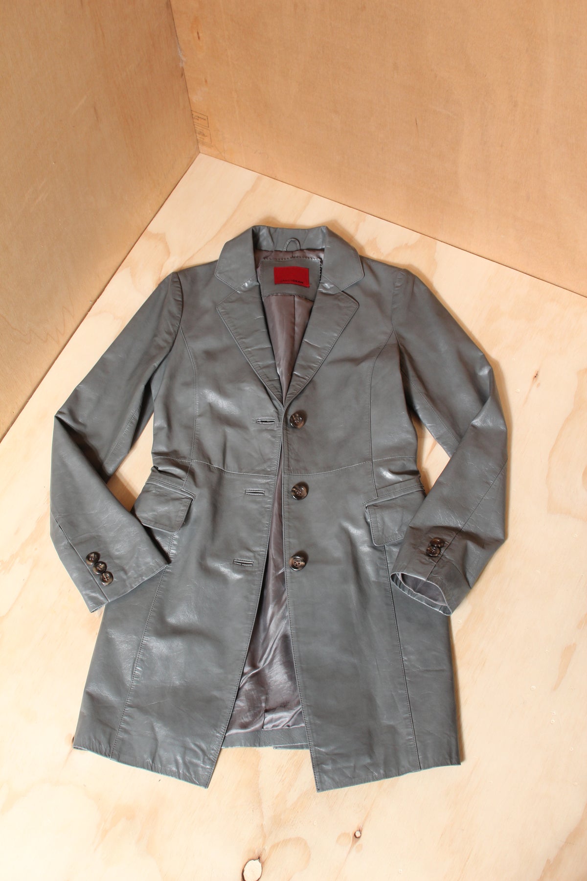 90s Grey Leather Longline Blazer Coat – Size S