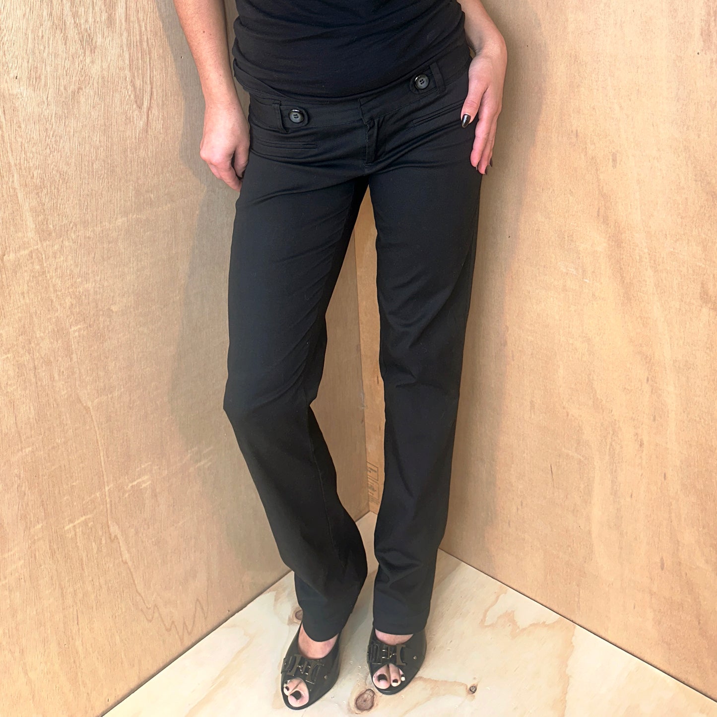 Y2K Black Low Rise Slim Leg Tailored Cargo Button Front Trousers – Size 10 AU