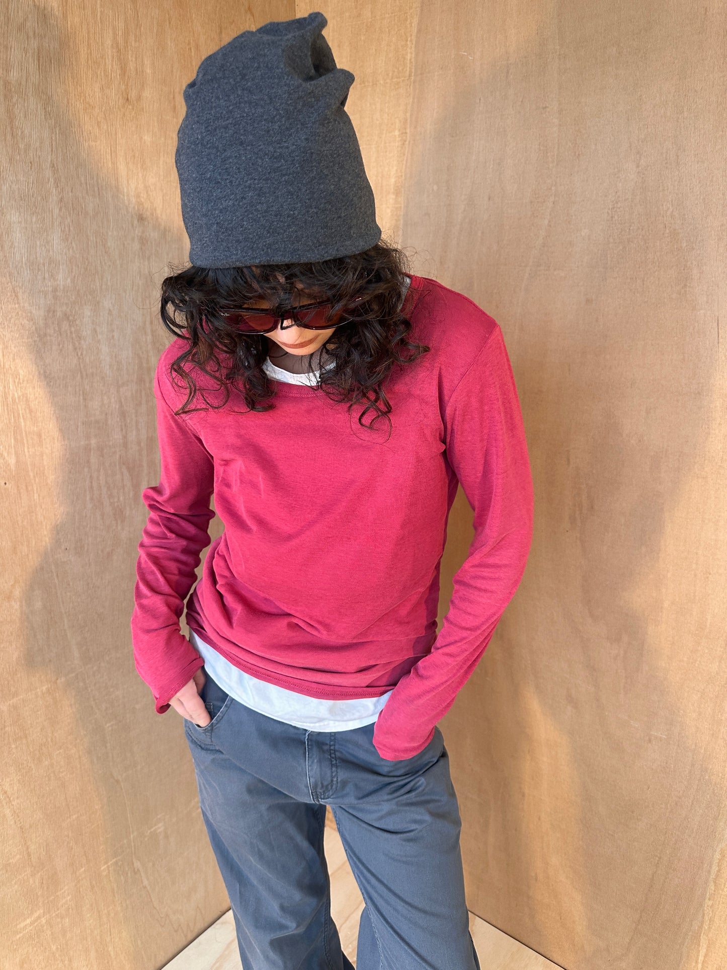 90s Magenta Slim Fit Long Sleeve Basic Top – Size M