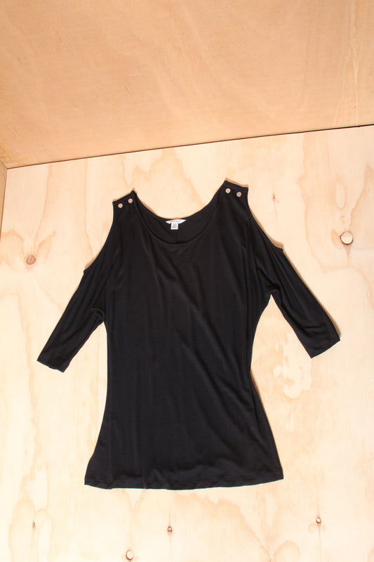 Calvin Klein Y2K Black Cut Out Shoulder Top with Metal Studs – Size S