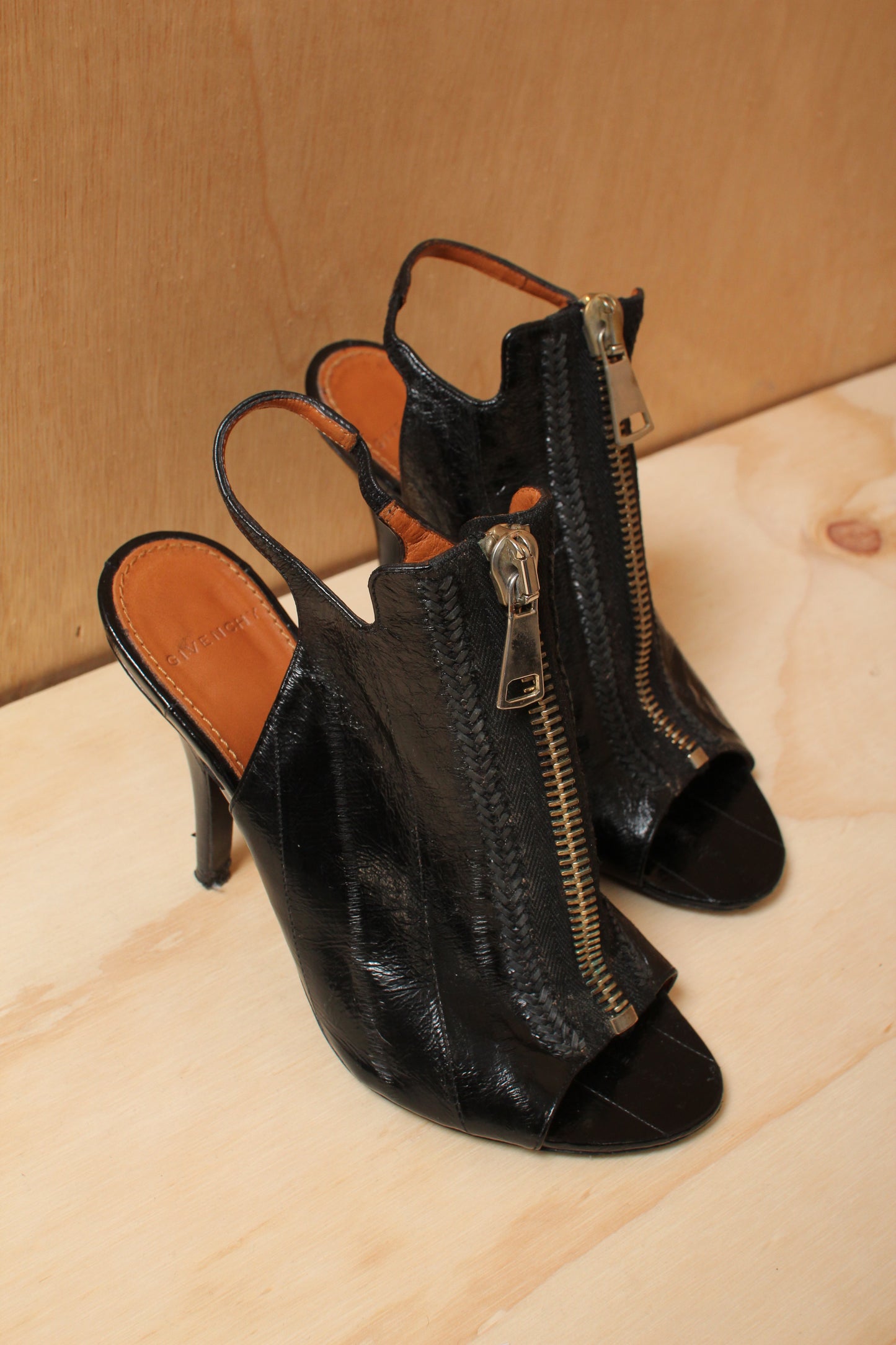 Givenchy Zip Front Peep Toe Early 2010s Black Leather Slingback Stiletto Heels – Size 37.5 EU