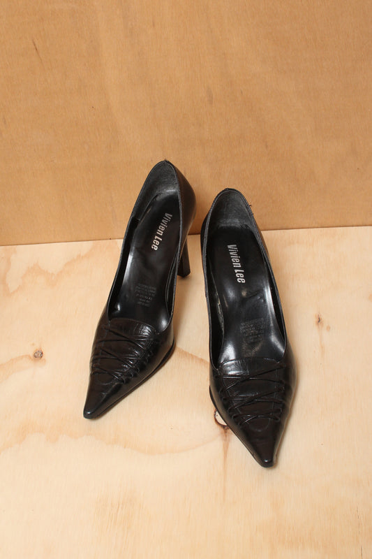 90s Minimalist Black Pointed Toe Lace Up Stiletto Heels – Size 8.5 AU