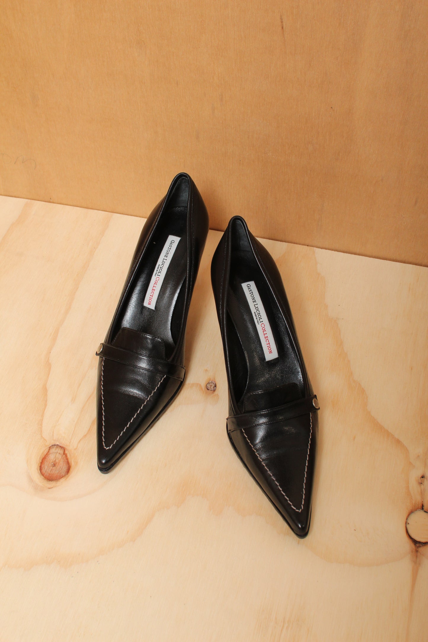 90s Black Penny Loafer Points Contrast Stitch Heels – Size 37 EU