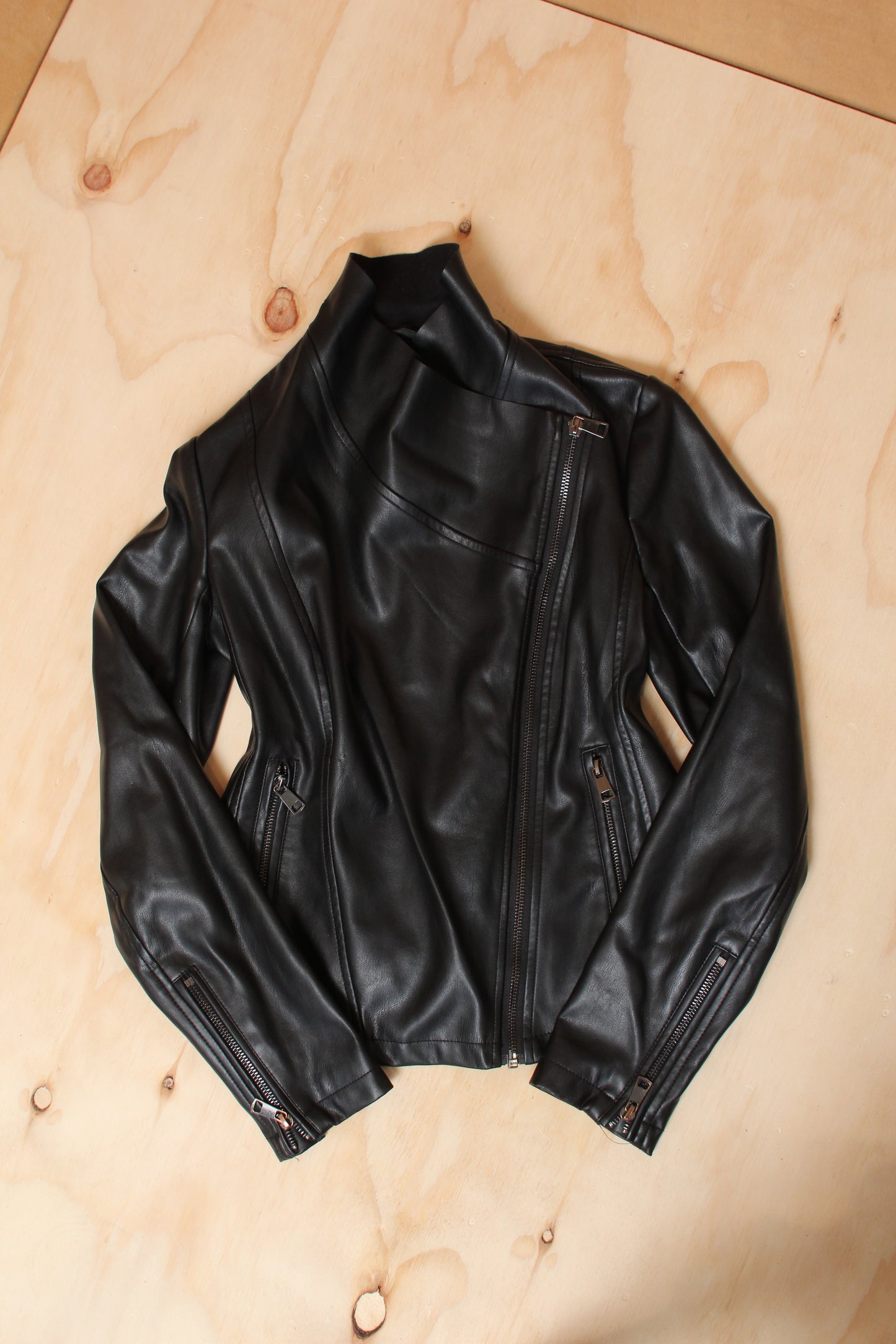 2010s Black Asymmetric Cowl Neck Faux Leather Moto Jacket – Size 8 AU