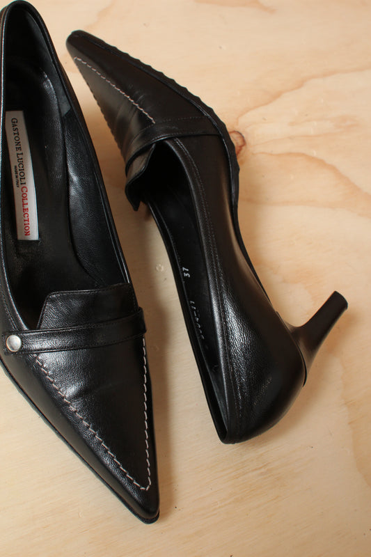 90s Black Penny Loafer Points Contrast Stitch Heels – Size 37 EU