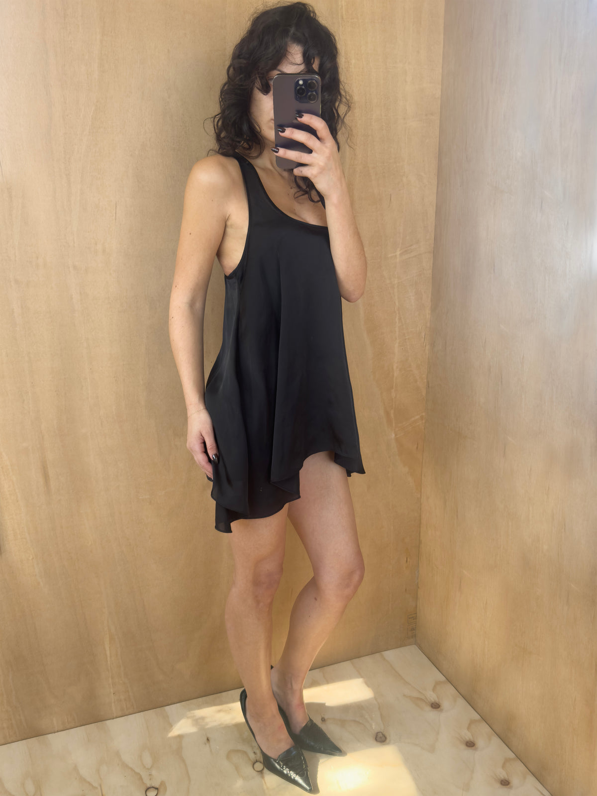 Early 2010s Black Satin Racerback Baby Doll Mini Dress – Size 8 AU