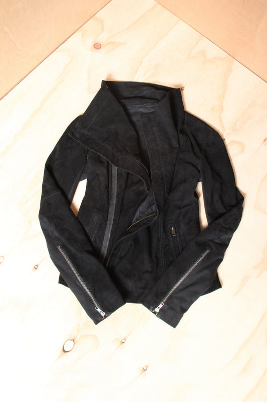 Early 2010s Black Suede Waterfall Asymmetric Zip Moto Jacket – Fits Best 8-10 AU